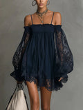 Noemi | Vestido Mini Navy con Hombros Descubiertos y Encaje