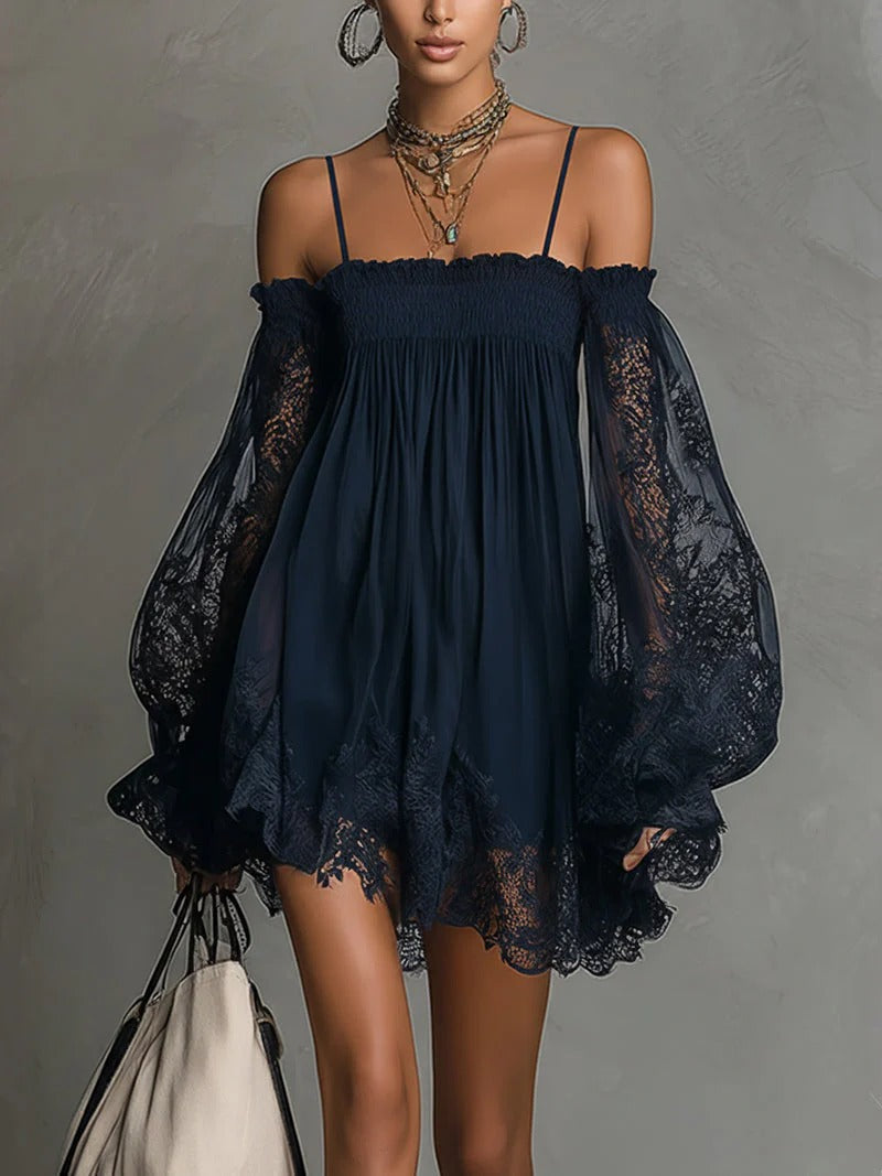 Noemi | Vestido Mini Navy con Hombros Descubiertos y Encaje