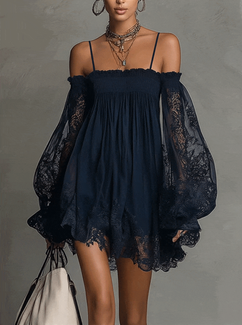Noemi | Vestido Mini Navy con Hombros Descubiertos y Encaje