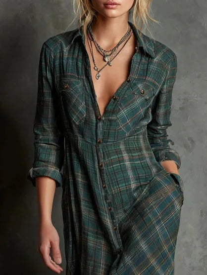 Paula | Vestido Largo Camisero con Estampado de Cuadros Verdes