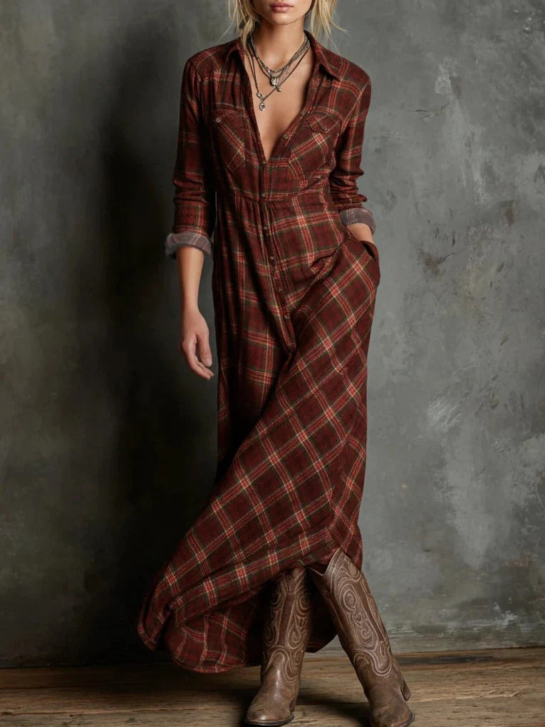 Paula | Vestido Largo Camisero con Estampado de Cuadros Verdes