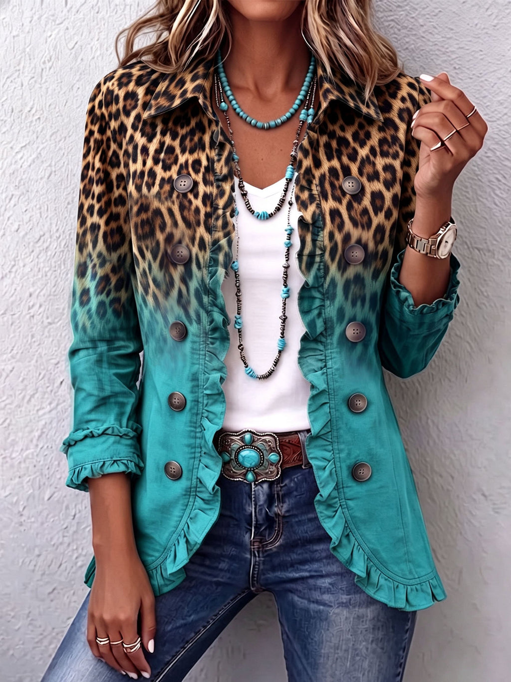 Casandra | Blazer de Leopardo Degradado con Volantes