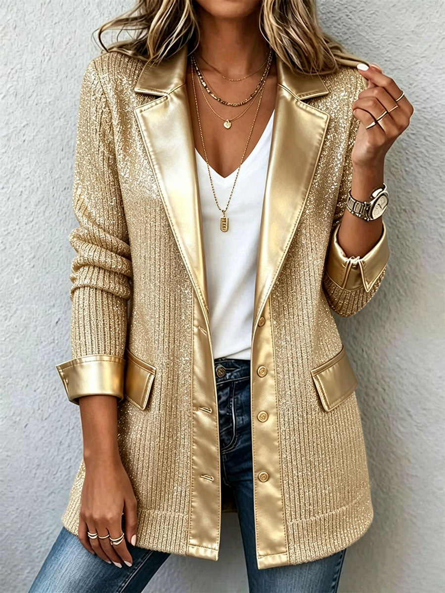 Aurora | Blazer de Punto Dorado con Ribetes de Polipiel