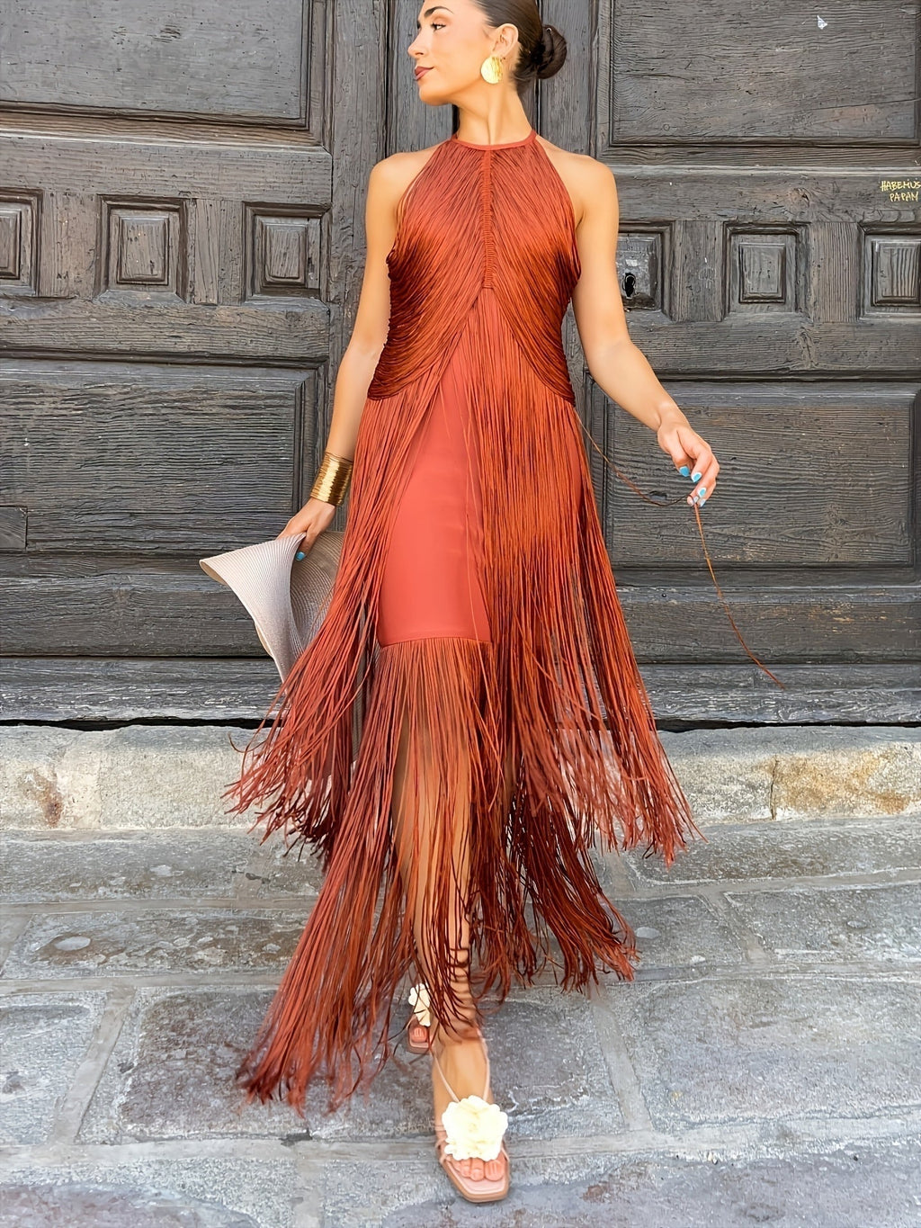Purificación | Vestido Largo de Flecos con Cuello Halter
