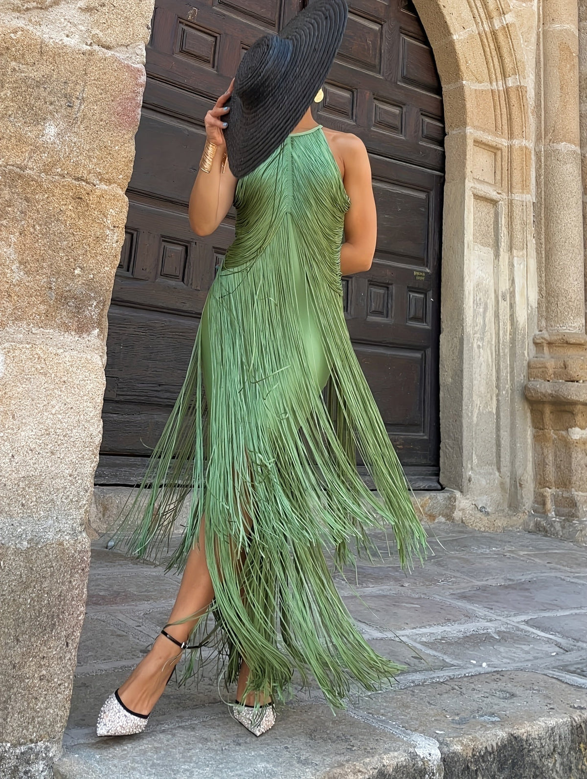 Purificación | Vestido Largo de Flecos con Cuello Halter